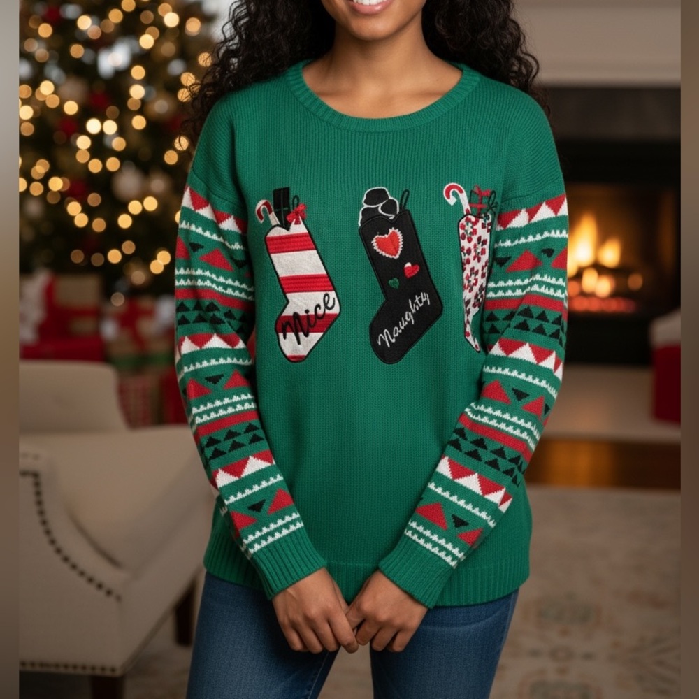 With Love Derek Ugly Christmas Sweater Green Naughty & Nice Stockings Sz L